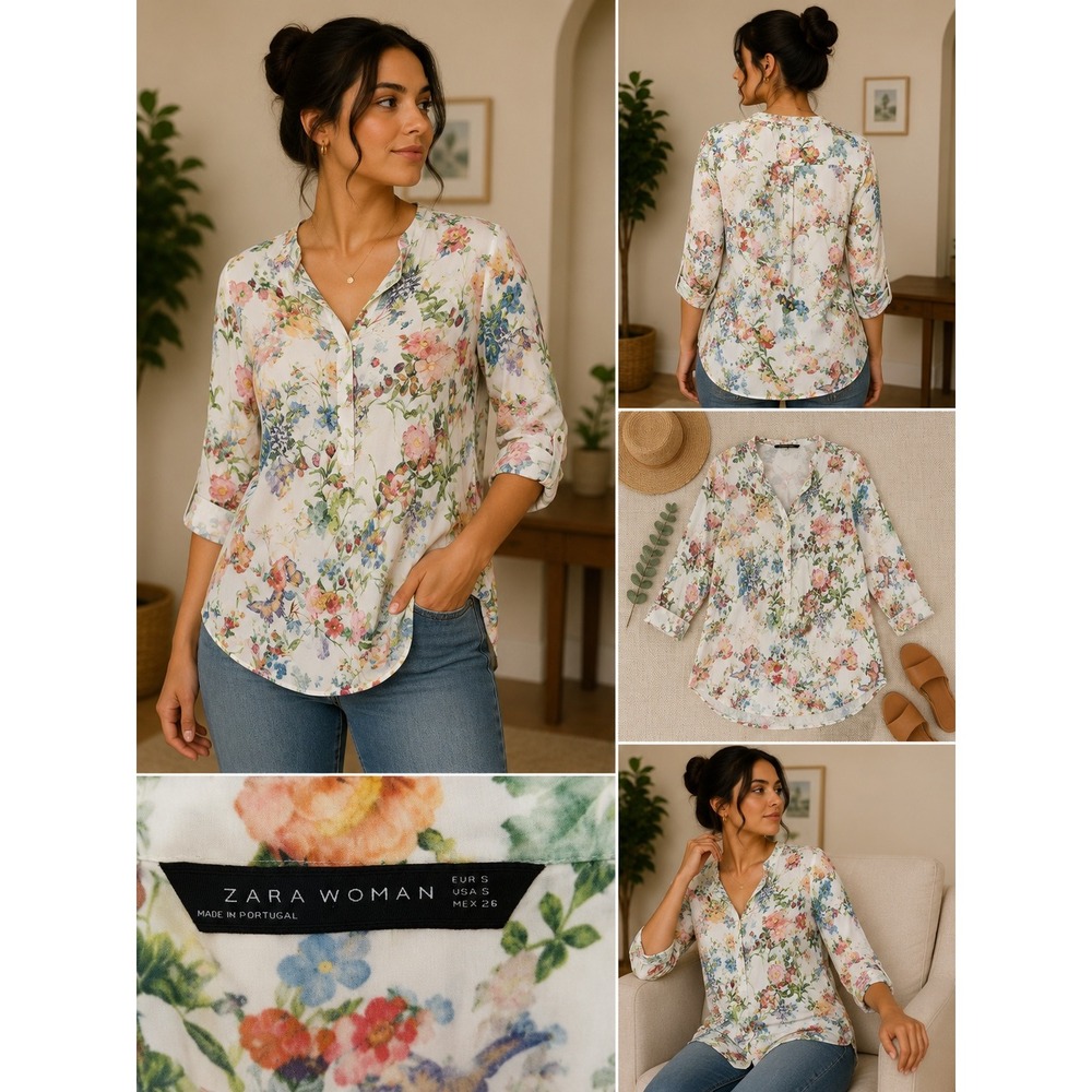 Zara‎ Cold Shoulder Tunic Women Small White Floral Cottagecore Boho Top